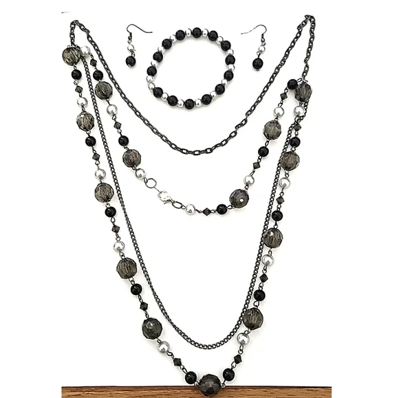 Fashion Jewelry Necklace Earrings Bracelet Set Arcrylic Gunmetal Black Silver - Picture 2 of 6